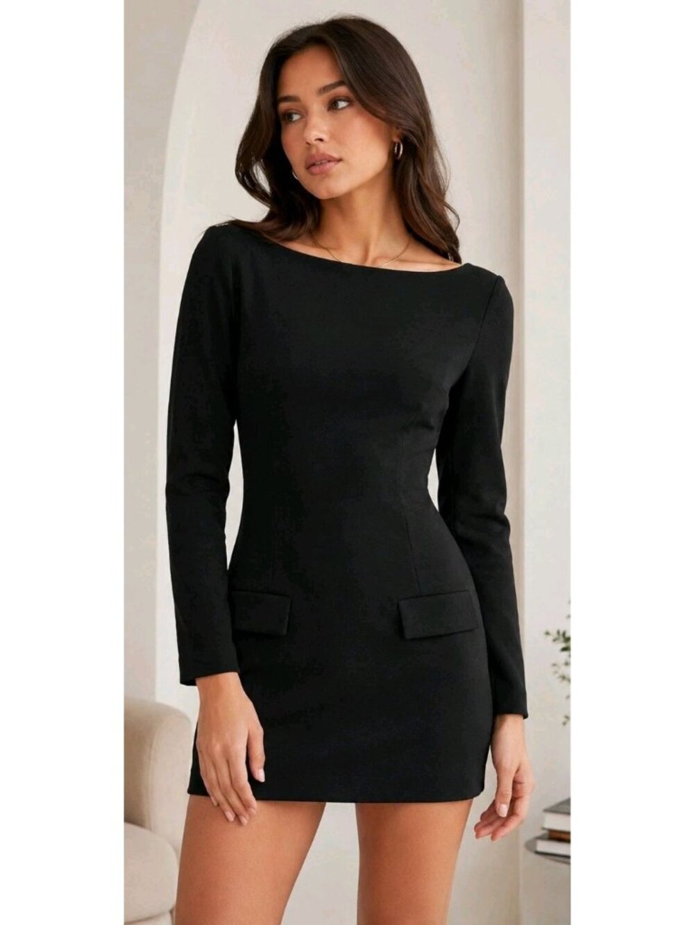 NWT KBB by Kahlana Boat Neck Micro Mini Dress Long Sleeve V-Back 8 LBD. Wl440